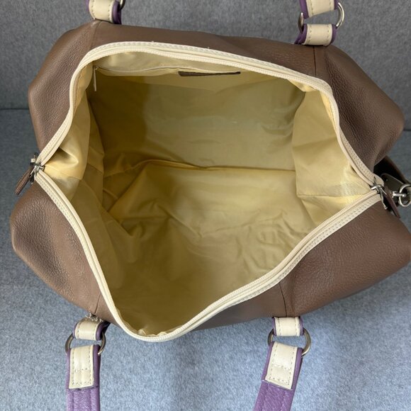 Levenger Taupe Brown Cream Purple Overnight Travel Bag Shoulder Duffel Weekend - Picture 8 of 16